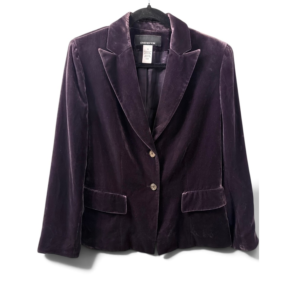 Jones New York Purple Velvet Silk Blend Blazer Jacket Size 12 Plum Two Button